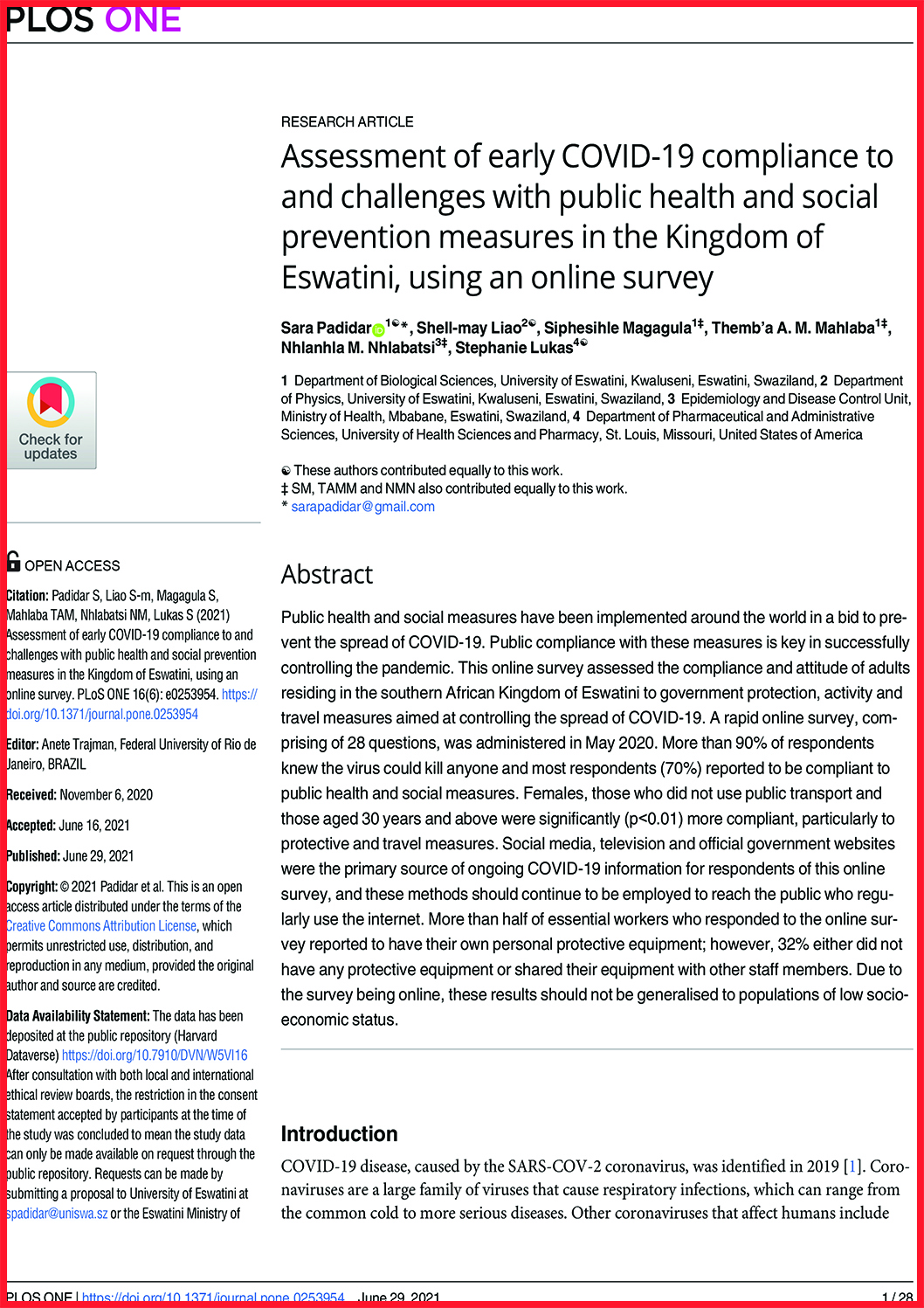 Eswatini COVID-19 Emergency Response Project Assessment of early COVID-19 compliance to and challenges with public health and social prevention measures in the Kingdom of Eswatini, using an online survey