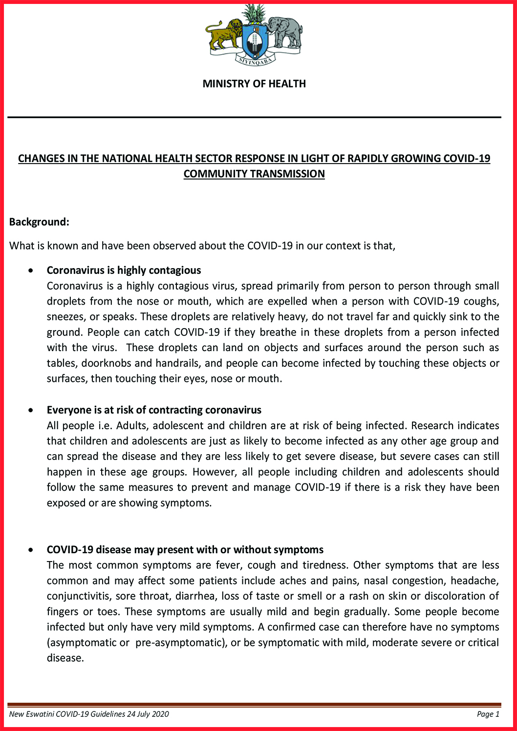 Eswatini Ministry of Health COVID-19 Guidelines