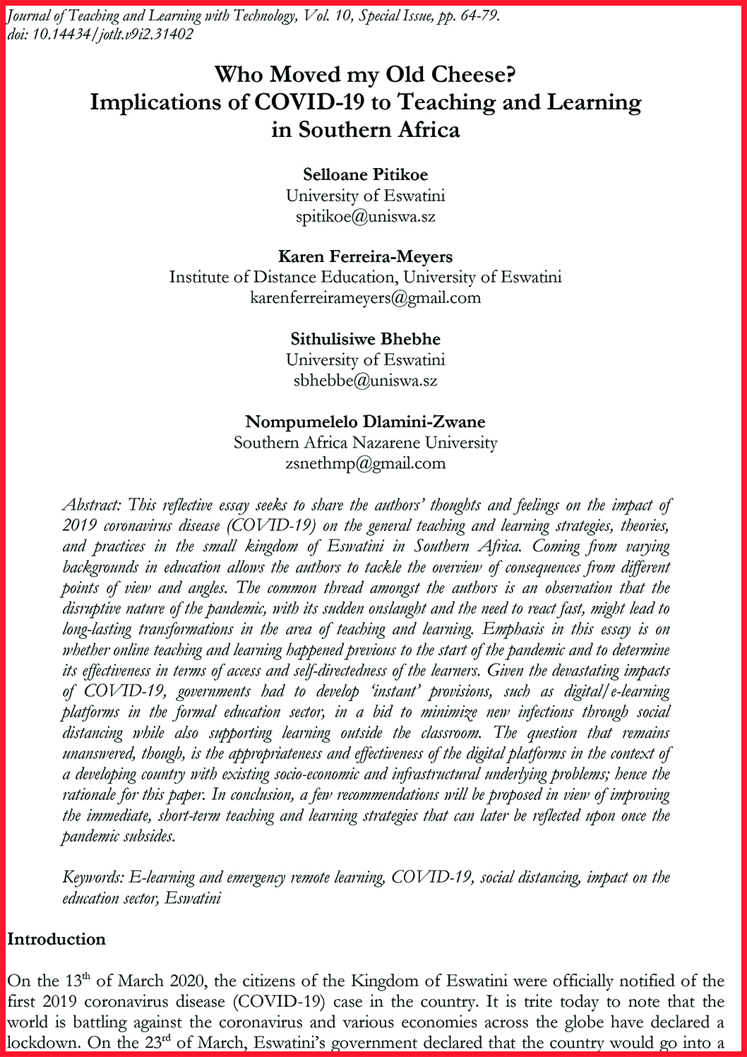 Implications of COVID-19 to Teaching and Learning in Southern Africa