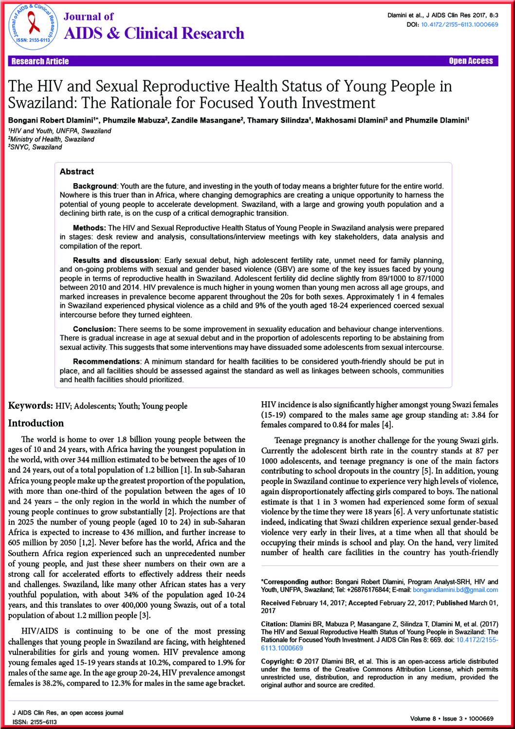 The HIV & Sexual Reproductive Health Status of Young People in Swaziland: The Rationale for Focused Youth Investment